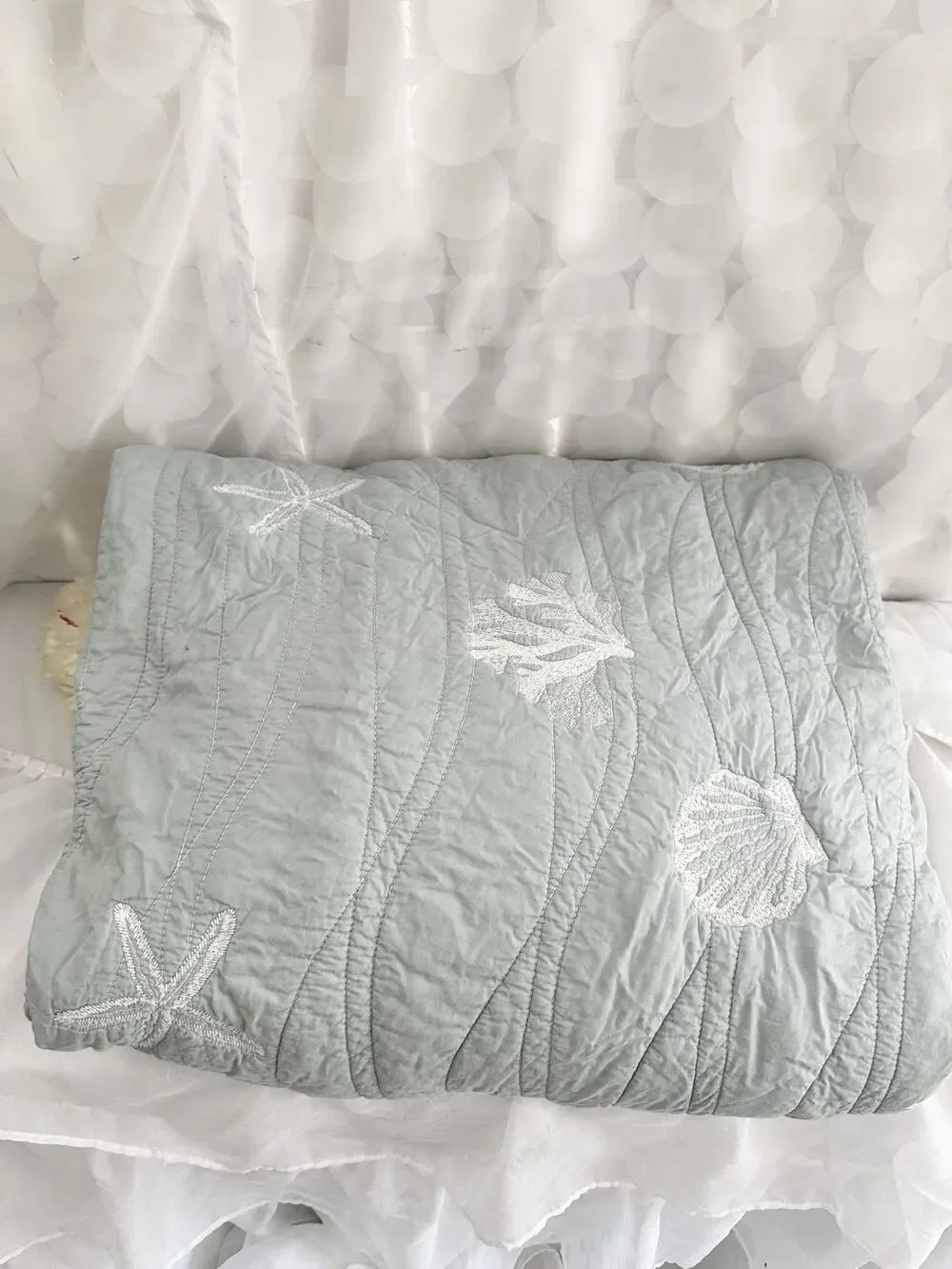 Queen Embroidered Quilt Blue Coastal Beach Starfish Shells Cotton Reversible